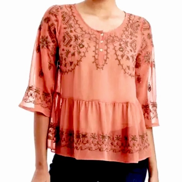 FREE PEOPLE Pennies Sequel Semi-Sheer Rust Embroidered Boho Peasant Blouse XS - Picture 1 of 11
